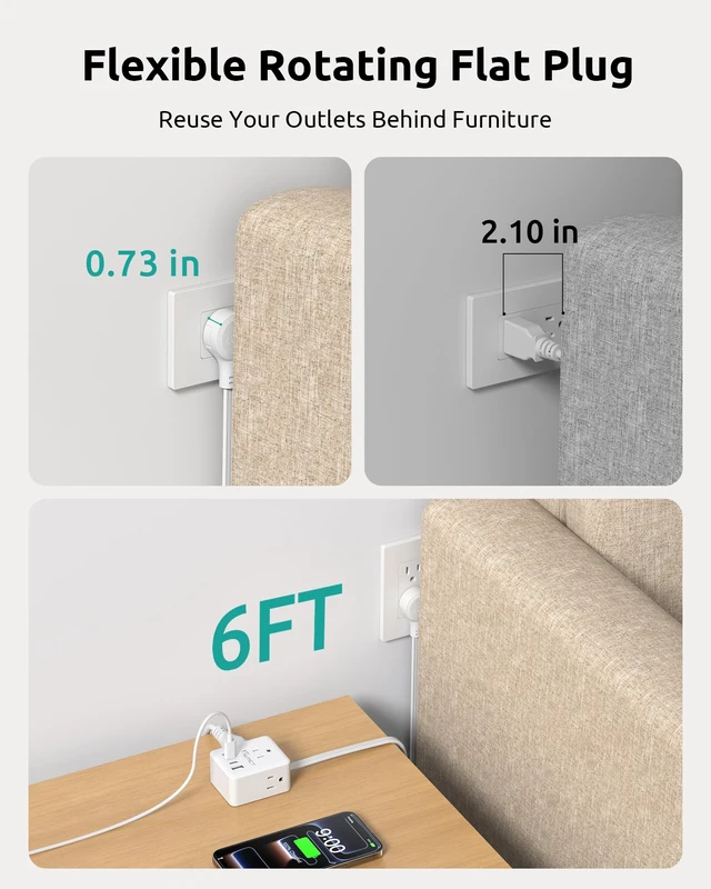 Alt view image 6 of 7 - 360° Rotating Flat Plug Power Strip with 3AC Outlets and 4 USB Ports 6FT Extension Cord, Wall Mountable, Compact Outlet Extender for Home Office Dorm Room, Cruise Travel Essentials, White