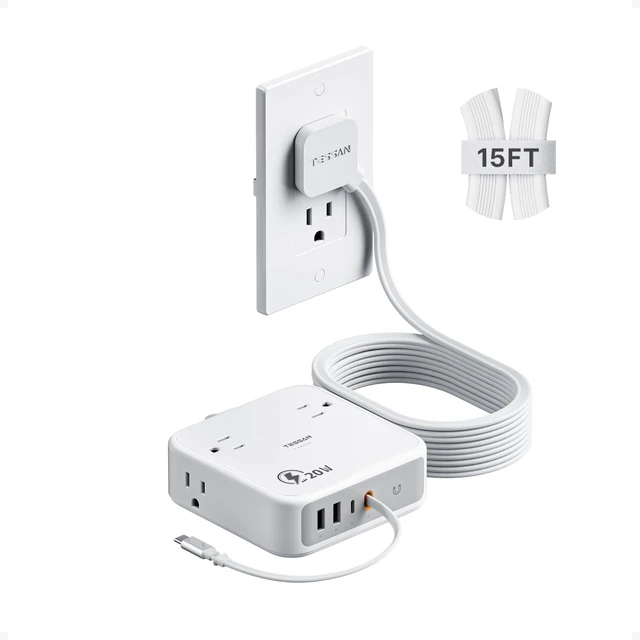 Main image of Surge Protector Extension Cord 15Ft, Flat Plug Power Strip 4 Outlets 4 USB Ports(1 USB C) 20W USB C Cable, USB Charger 1050 Joules Protection, Suitable for Home Office Dorm, Grey