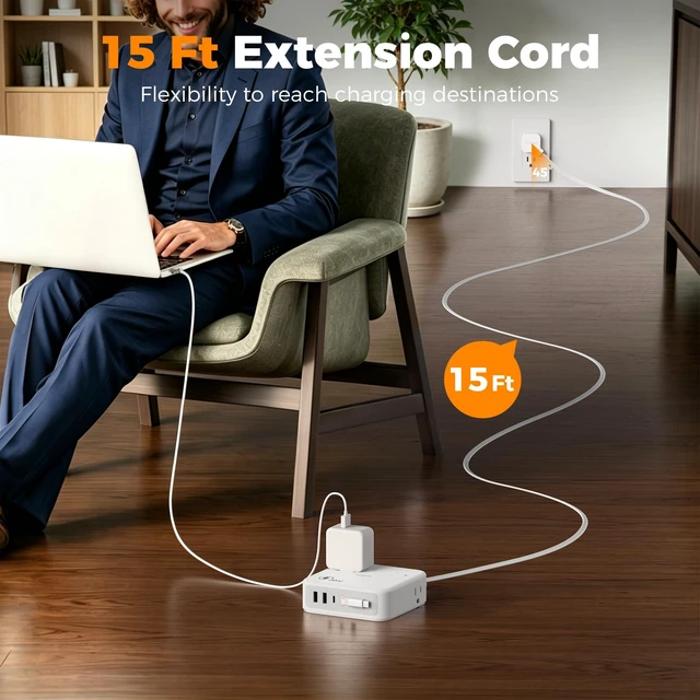 Alt view image 7 of 7 - Surge Protector Extension Cord 15Ft, Flat Plug Power Strip 4 Outlets 4 USB Ports(1 USB C) 20W USB C Cable, USB Charger 1050 Joules Protection, Suitable for Home Office Dorm, Grey