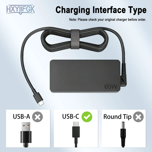 Alt view image 2 of 7 - 65W USB-C Laptop Charger Compatible with Lenovo ThinkPad T14 T15 X1 Carbon Gen8/9/10/11,Yoga 14s Pro14 C940,ThinkBook 14+ 16+,Xiaoxin Air14 Pro16 Chromebook Type-C Fast Charging Adapter