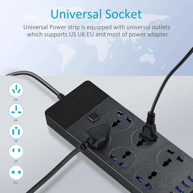 Alt view image 3 of 6 - European Travel Plug Adapter, Universal Power Strip with 6 AC Outlets and 4 USB Ports (1 USB C), 110-240v, 3000w 6ft Extension Cord International Power Adapter for Overseas Travel Essentials