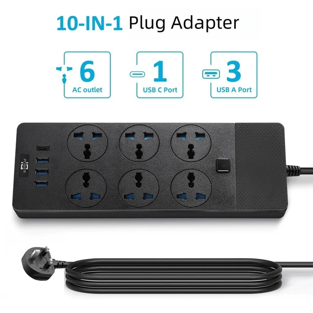 Alt view image 2 of 6 - UK to US Plug Adapter, Power Strip with 6 International Outlets and 4 USB Ports (1 USB C), 110-240v, 3000w, 6Ft, Universal Travel Adapter Extension Cord for Electrical Equipment