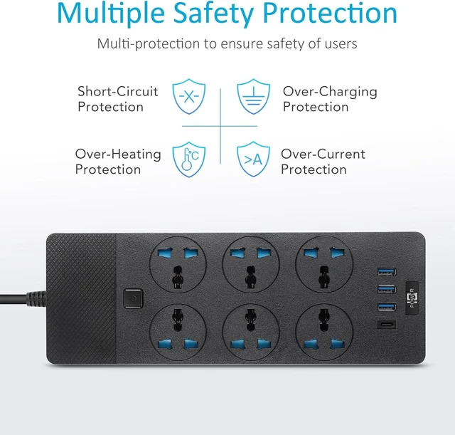 Alt view image 5 of 6 - UK to US Plug Adapter, Power Strip with 6 International Outlets and 4 USB Ports (1 USB C), 110-240v, 3000w, 6Ft, Universal Travel Adapter Extension Cord for Electrical Equipment