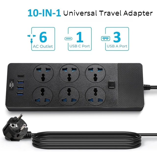 Alt view image 2 of 6 - European Travel Plug Adapter, Universal Power Strip with 6 AC Outlets and 4 USB Ports (1 USB C), 110-240v, 3000w 6ft Extension Cord International Power Adapter for Overseas Travel Essentials