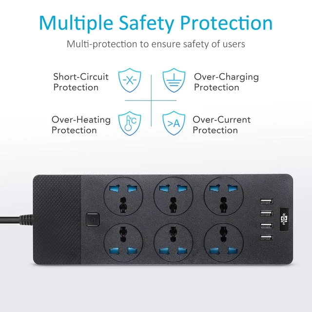 Alt view image 5 of 6 - European Travel Plug Adapter, Universal Power Strip with 6 AC Outlets and 4 USB Ports (1 USB C), 110-240v, 3000w 6ft Extension Cord International Power Adapter for Overseas Travel Essentials