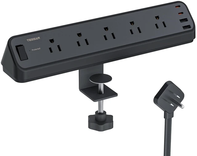 Main image of Desk Clamp Power Strip 6 Ft with 2100J Surge Protector, Black 5 Outlets and 4 USB (2 USB C) Desk Charging Station, Flat Plug Extension Cord with Multiple Outlets for Home Office Dorm Room