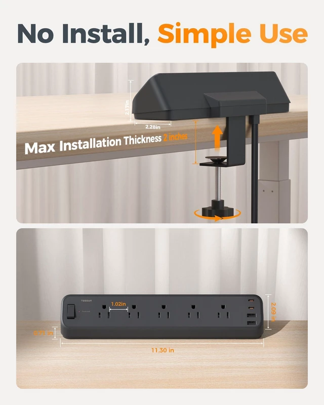 Alt view image 2 of 7 - Desk Clamp Power Strip 6 Ft with 2100J Surge Protector, Black 5 Outlets and 4 USB (2 USB C) Desk Charging Station, Flat Plug Extension Cord with Multiple Outlets for Home Office Dorm Room
