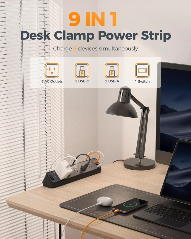Alt view image 3 of 7 - Desk Clamp Power Strip 6 Ft with 2100J Surge Protector, Black 5 Outlets and 4 USB (2 USB C) Desk Charging Station, Flat Plug Extension Cord with Multiple Outlets for Home Office Dorm Room