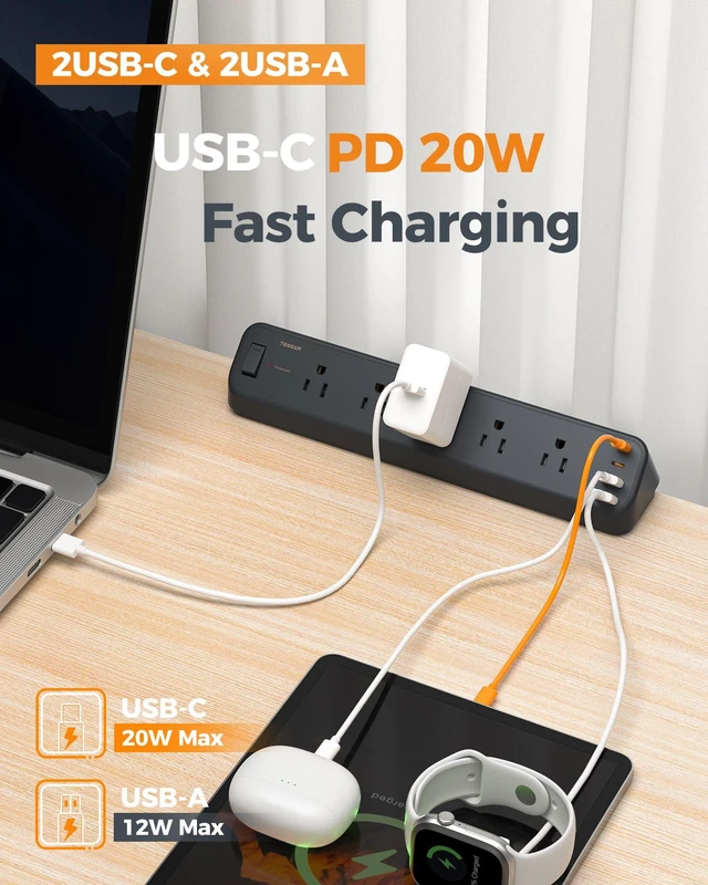Alt view image 5 of 7 - Desk Clamp Power Strip 6 Ft with 2100J Surge Protector, Black 5 Outlets and 4 USB (2 USB C) Desk Charging Station, Flat Plug Extension Cord with Multiple Outlets for Home Office Dorm Room