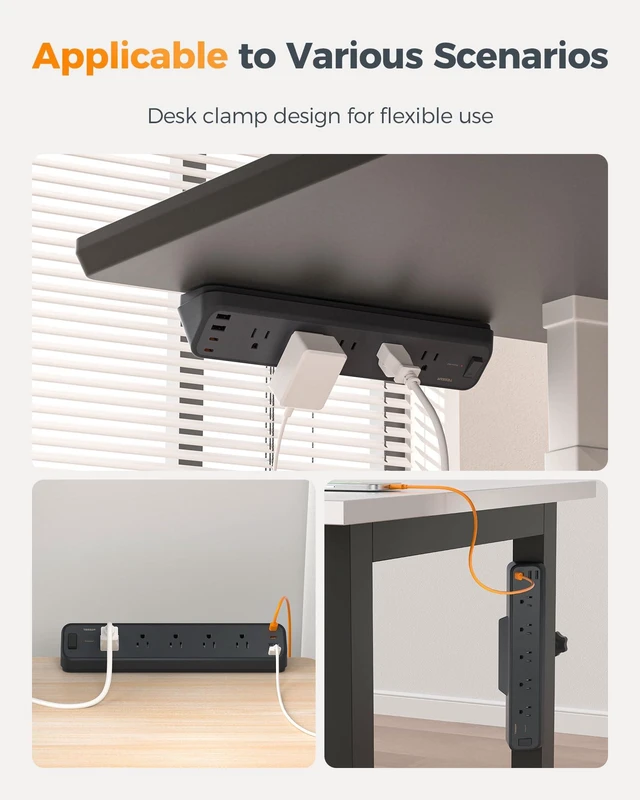 Alt view image 7 of 7 - Desk Clamp Power Strip 6 Ft with 2100J Surge Protector, Black 5 Outlets and 4 USB (2 USB C) Desk Charging Station, Flat Plug Extension Cord with Multiple Outlets for Home Office Dorm Room