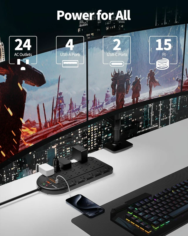 Alt view image 2 of 7 - 15FT Large Power Strips with 24 Outlet 6 USB, Heavy Duty Long Cord for Home ETL Listed, 3400 Joules, 1875W/15A, Wide Spaced, Wall Mount, Heavy Duty, Surge Protector for Office & Entertainment Center