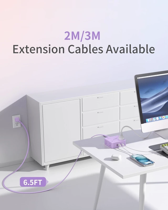 Alt view image 4 of 7 - Extension Cord with Multiple Outlets, Flat Plug Power Strip, 6.5FT Power Strips with USB Ports, 8 Outlets, Outlets Extender for Home Office, Purple
