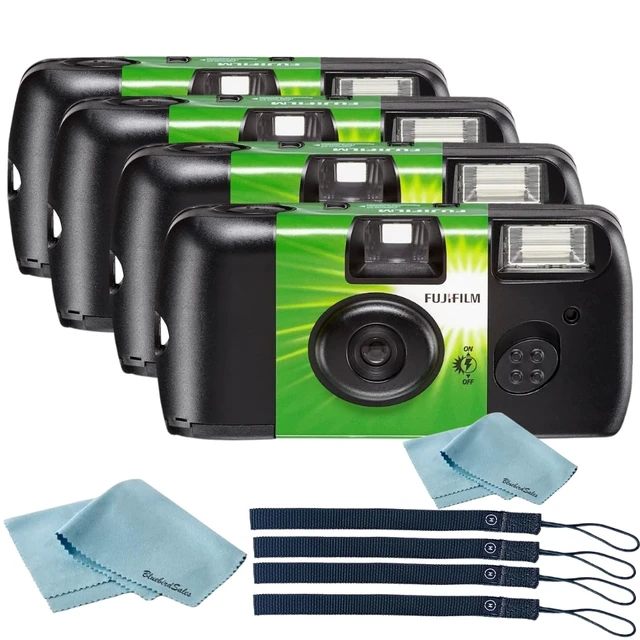Alt view image 2 of 7 - Fujifilm QuickSnap Flash 400 Disposable 35mm Camera 4 Pack 4 Hand Straps 2 Microfiber Cloth, Green, 7033661