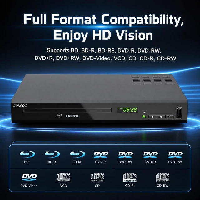 Alt view image 2 of 7 - Blu Ray Player for TV,Full HD DVD Player HDMI with Dolby Digital TrueHD/DTS Region A Blu-ray,Region 1 DVD Disc,DVD Upscaling,1080P Home Theater DVD CD Player, Support HDD and USB Playback