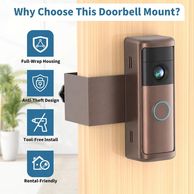 Alt view image 4 of 7 - Anti-Theft Doorbell Mount for Blink/Ring Battery Doorbell/Pro/Plus(2nd Gen) No-Drill Doorbell Holder for Apartment Door, Renter Friendly Mounting Bracket, for Inward Swing Door, (1 Pack, Brown)