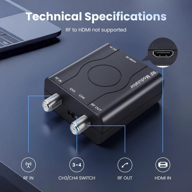 Alt view image 7 of 7 - HDMI to RF Modulator for TV with HDMI Cable and Power Adapter Plug and Play HDMI to Coax Adapter, NTSC CH3/CH4 Output, PLL Control, 1080P HDMI Input, for Antenna TVs and Game Consoles