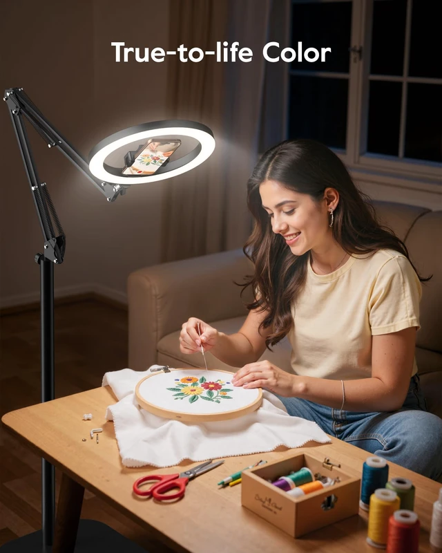 Alt view image 4 of 6 - Ring Light with Stand & Lockable Wheels, Ring Light Tripod for iPhone with Phone Holder for Video Recording, Overhead Phone Mount, 30 Lighting Combinations, Perfect for Crafts/Live Streaming/Tutorials