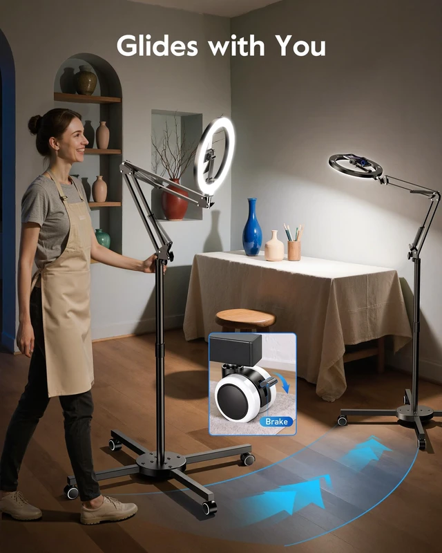 Alt view image 2 of 6 - Ring Light with Stand & Lockable Wheels, Ring Light Tripod for iPhone with Phone Holder for Video Recording, Overhead Phone Mount, 30 Lighting Combinations, Perfect for Crafts/Live Streaming/Tutorials