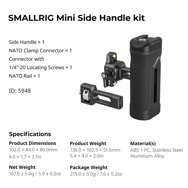 Alt view image 7 of 7 - Mini Side Handle Kit, w/ 1/4"-20 Locating Screw, NATO Clamp & Rail Left or Right Hand Available, Up and Down Adjustable, Max. Payload 10kg/ 22lb, Bulit-in Threaded Hole/ Cold Shoe