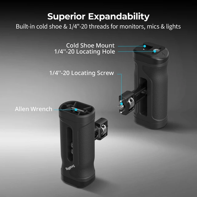 Alt view image 4 of 7 - Mini Side Handle with 1/4"-20 Locating Screw Left or Right Hand Available, Up and Down Adjustable, Max. Payload 10kg/ 22lb, Bulit-in Threaded Hole/ Cold Shoe
