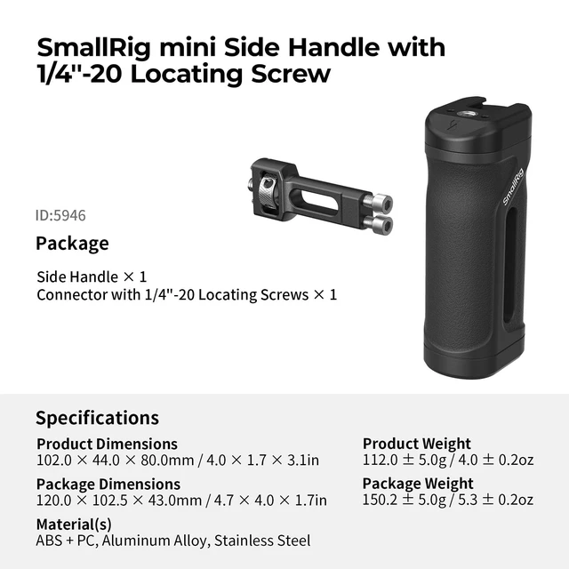 Alt view image 7 of 7 - Mini Side Handle with 1/4"-20 Locating Screw Left or Right Hand Available, Up and Down Adjustable, Max. Payload 10kg/ 22lb, Bulit-in Threaded Hole/ Cold Shoe