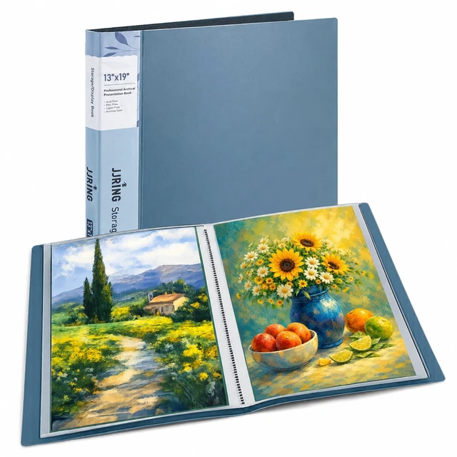 Main image of 13x19 Blue Art Portfolio Folder Displaying 48 Pages with Plastic Sleeves 24-Pocket Presentation Book Binder For Artwork Storage Featuring Dark Inner Paper Inserts Protective Document Archival Holder