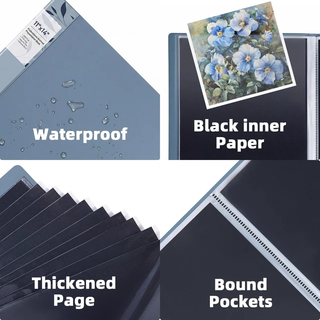 Alt view image 4 of 7 - 13x19 Blue Art Portfolio Folder Displaying 48 Pages with Plastic Sleeves 24-Pocket Presentation Book Binder For Artwork Storage Featuring Dark Inner Paper Inserts Protective Document Archival Holder