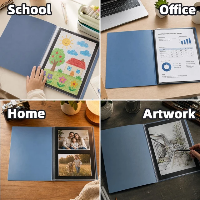 Alt view image 6 of 7 - 13x19 Blue Art Portfolio Folder Displaying 48 Pages with Plastic Sleeves 24-Pocket Presentation Book Binder For Artwork Storage Featuring Dark Inner Paper Inserts Protective Document Archival Holder
