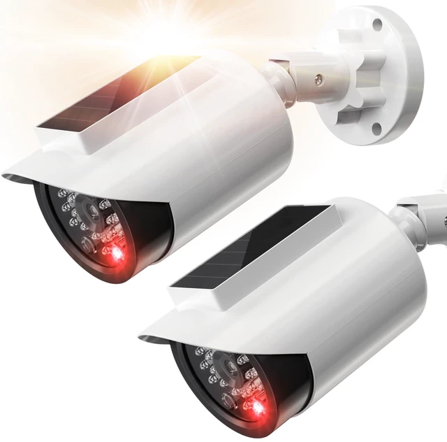 Main image of Solar Powered Fake Security Camera, Bullet Shape Fake Surveillance Camera with Red LED Light for Night, Security Warning Sticker, for Outdoor Safety Alert (White 2Pack,Battery not Included)