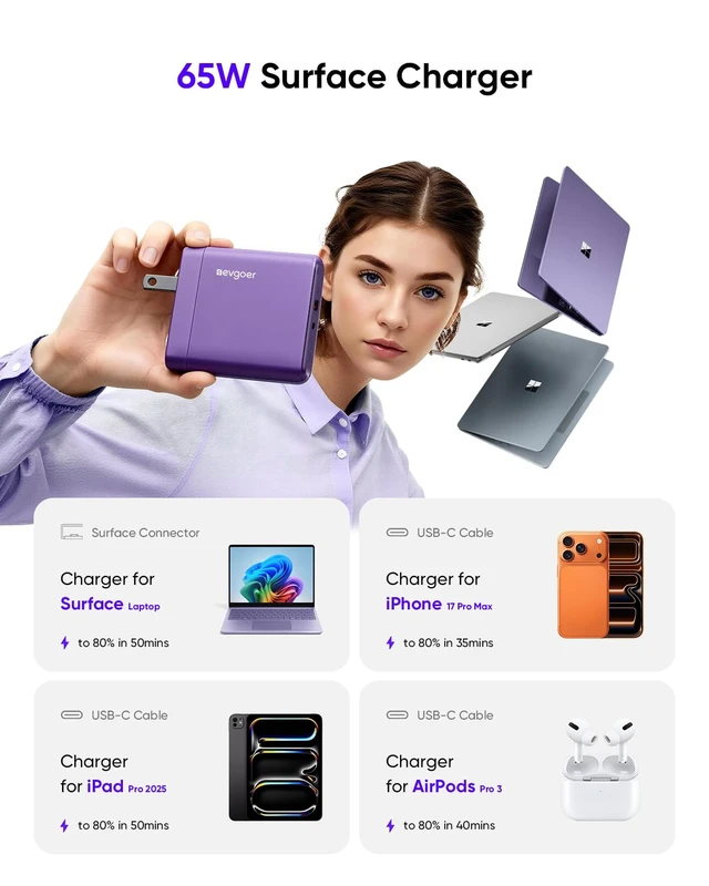 Alt view image 2 of 7 - Surface Pro Charger, 65W Microsoft Surface Charger for 12/11/10/9/8/7/6/5/4/3/X, Compatible with Both Microsoft Book/Laptop/Tablet and All USB-C Deviece (Purple)