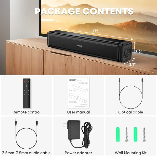 Alt view image 6 of 6 - Sound Bar,Soundbar for TV with 4 Powerful Speakers,Surround Sound System for TV,17 inch Soundbar with Bluetooth/HDMI-ARC/Optical/AUX,Wall Mountable