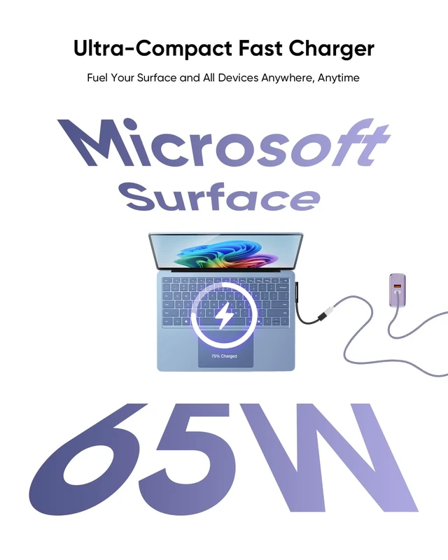Alt view image 3 of 7 - Surface Pro Charger, 65W Microsoft Surface Charger for 12/11/10/9/8/7/6/5/4/3/X, Compatible with Both Microsoft Book/Laptop/Tablet and All USB-C Deviece (Purple)