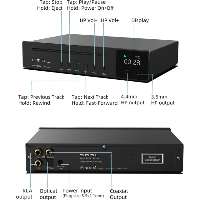 Alt view image 6 of 7 - SMSL PL150 CD Player High Power CS43198 D/A chip, Standard/MQA-CD/HDCD CDs, with RCA/3.5mm & 4.4mm Headphone/Optical/Coaxial Output, for Vehicle/Laptop/TV/PC, CD Player Amp with Remote Control (Black)