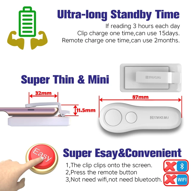 Alt view image 6 of 6 - RF Remote Control Page Turner for Kindle Reading Ipad Surface Comics, iPhone Android Tablets Reading Novels Taking Photos(White)