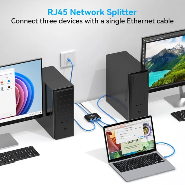 Alt view image 3 of 7 - Ethernet Splitter 1 to 3 Mini 1000Mbps Gigabit Internet Switch 1 in 3 Out LAN and RJ45 Port Splitter High Speed Network Adapter for 5/5e/6/7/8 with USB c Power Cable