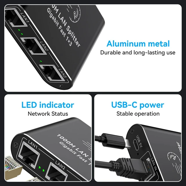 Alt view image 6 of 7 - Ethernet Splitter 1 to 3 Mini 1000Mbps Gigabit Internet Switch 1 in 3 Out LAN and RJ45 Port Splitter High Speed Network Adapter for 5/5e/6/7/8 with USB c Power Cable