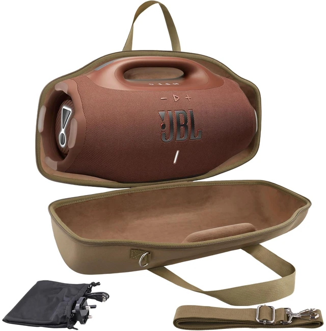 Main image of Hard Case for JBL Boombox 4 Portable Bluetooth Speaker, Brown Velvet Accessory Pouch, Integrated Handle Slot, Cable Organization, Shoulder Strap, Soft Velvet Lining, Secure Carrying