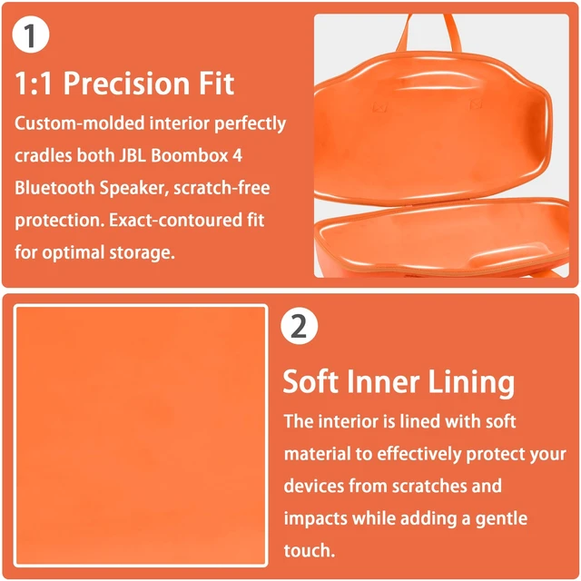 Alt view image 4 of 7 - Hard Case for JBL Boombox 4 Portable Bluetooth Speaker, Orange Velvet Accessory Pouch, Integrated Handle Slot, Cable Organization, Shoulder Strap, Soft Velvet Lining, Secure Carrying