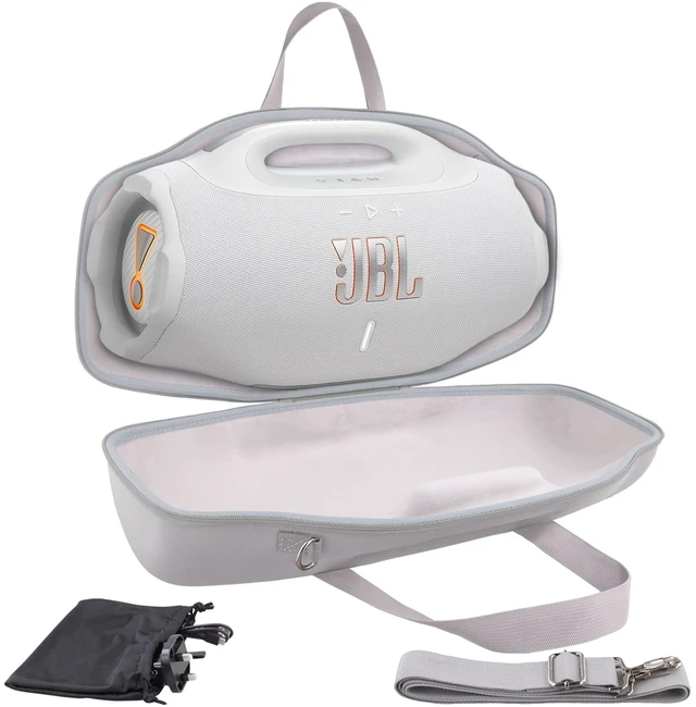 Main image of Hard Case for JBL Boombox 4 Portable Bluetooth Speaker, White Velvet Accessory Pouch, Integrated Handle Slot, Cable Organization, Shoulder Strap, Soft Velvet Lining, Secure Carrying