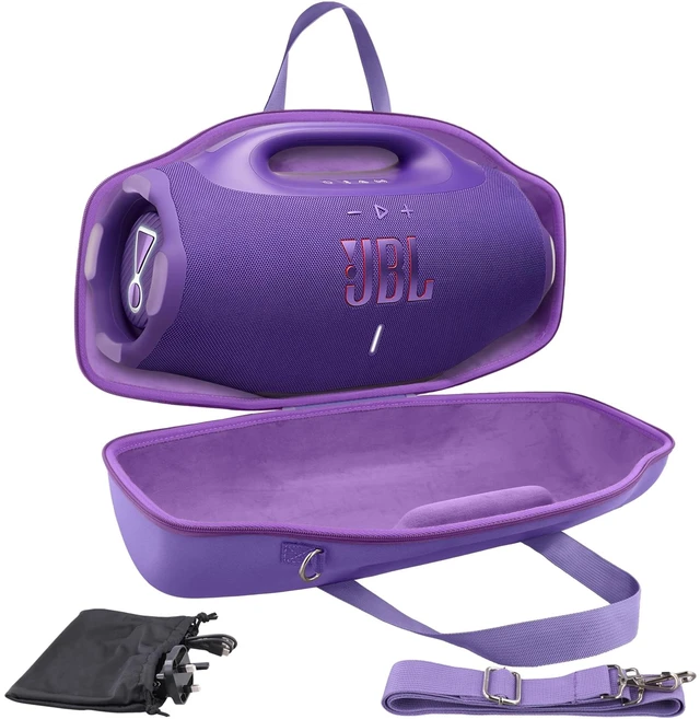 Main image of Hard Case for JBL Boombox 4 Portable Bluetooth Speaker, Purple Velvet Accessory Pouch, Integrated Handle Slot, Cable Organization, Shoulder Strap, Soft Velvet Lining, Secure Carrying