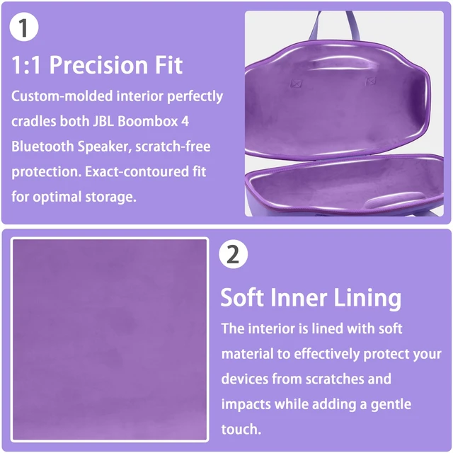 Alt view image 4 of 7 - Hard Case for JBL Boombox 4 Portable Bluetooth Speaker, Purple Velvet Accessory Pouch, Integrated Handle Slot, Cable Organization, Shoulder Strap, Soft Velvet Lining, Secure Carrying