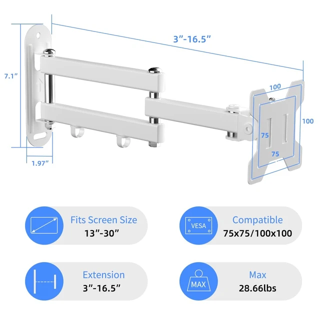 Alt view image 2 of 7 - Full Motion TV Wall Mount Bracket for Most 13-30 inch TVs and Monitors, Flat and Curved TVs up to 28.66lbs, Tilt Swivel and 16.5 inch Extension, Max VESA 100x100mm, White, MA2776W