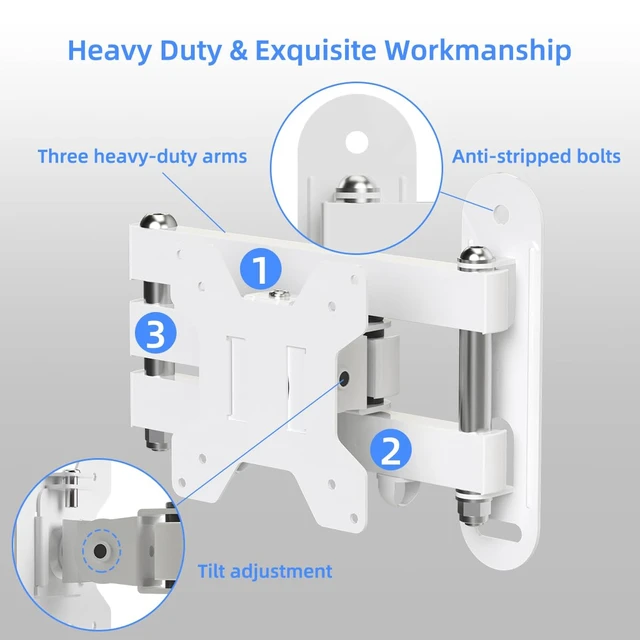 Alt view image 5 of 7 - Full Motion TV Wall Mount Bracket for Most 13-30 inch TVs and Monitors, Flat and Curved TVs up to 28.66lbs, Tilt Swivel and 16.5 inch Extension, Max VESA 100x100mm, White, MA2776W