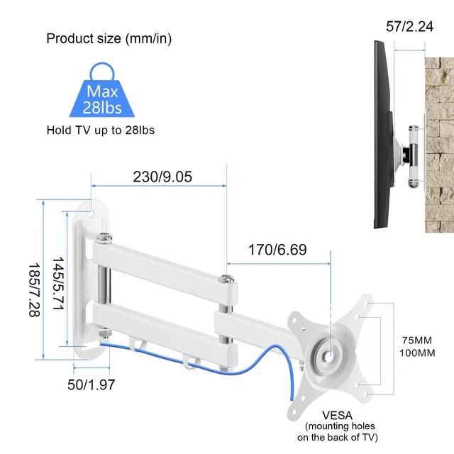 Alt view image 5 of 7 - TV Wall Mount Swivel Tilt Rotation Full Motion Adjustable Articulating for Most 15-32 inch LED, LCD Monitor Wall Mount VESA 75,100, White (MA2720W)