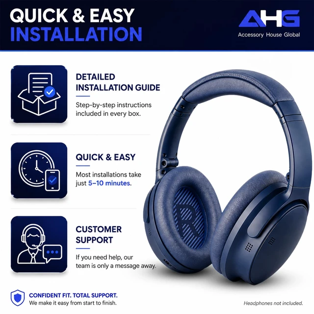 Alt view image 7 of 7 - QC45 Ear Pads Compatible with Bose QuietComfort 45 35 QC35 II QCSC QCSE Midnight Blue Easy DIY Fit Premium Protein Leather Extra Thick Soft High-Density Foam