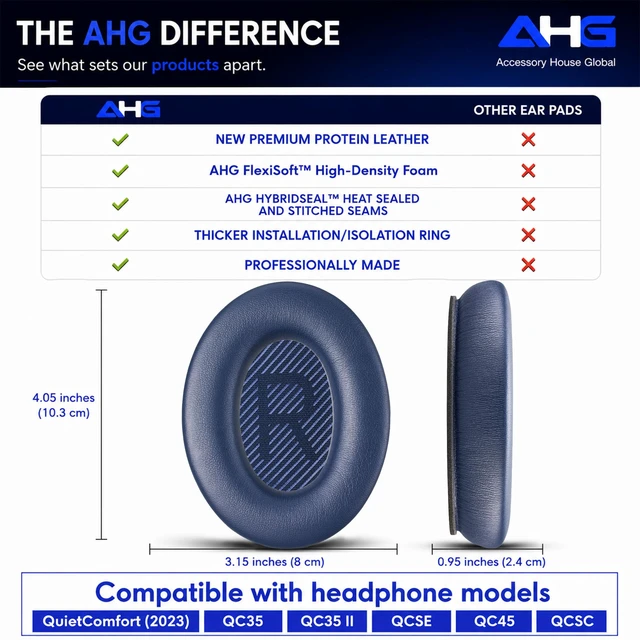 Alt view image 6 of 7 - QC45 Ear Pads Compatible with Bose QuietComfort 45 35 QC35 II QCSC QCSE Midnight Blue Easy DIY Fit Premium Protein Leather Extra Thick Soft High-Density Foam