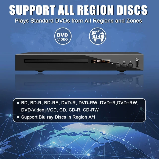 Alt view image 4 of 7 - HD Blu Ray Player, Blue Ray/DVD/CD Player for TV, Play Region A/1 Blu-ray Disc and DVD Discs, Blu-ray DVD Player with HDMI/AV/Coaxial Output, USB Input, Built-in PAL NTSC (Zone 1 Blu-ray)