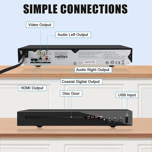 Alt view image 5 of 7 - HD Blu Ray Player, Blue Ray/DVD/CD Player for TV, Play Region A/1 Blu-ray Disc and DVD Discs, Blu-ray DVD Player with HDMI/AV/Coaxial Output, USB Input, Built-in PAL NTSC (Zone 1 Blu-ray)