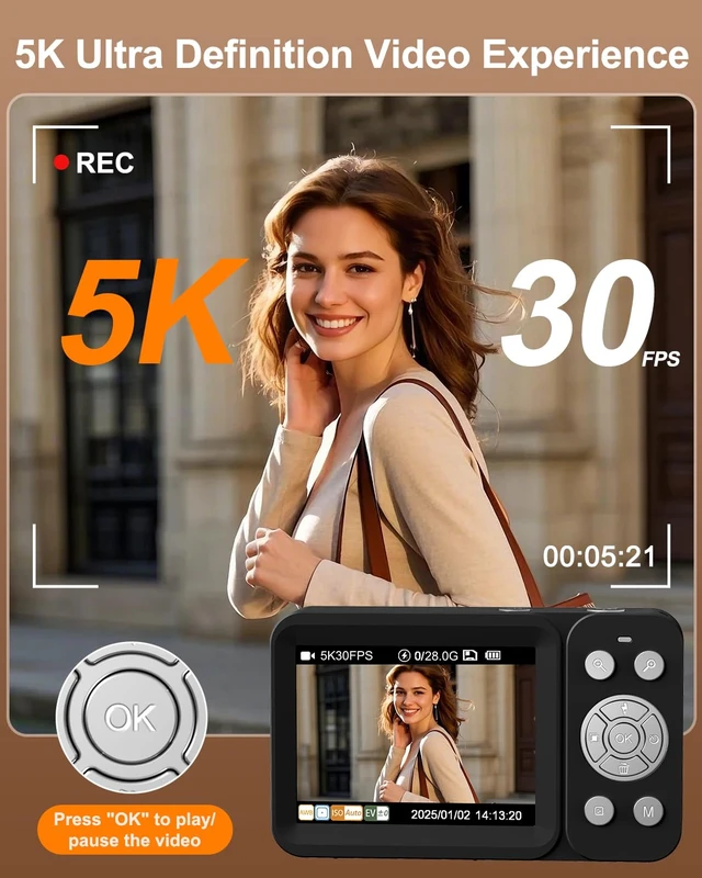Alt view image 2 of 7 - Digital Camera, 5K 80MP Dual Screen, Auto Focus for Beginners Teens Point and Shoot Camera with 18X Zoom, 32GB Card & 2 Batteries, Great Travel Vlogging Camera for YouTube, Black