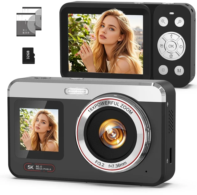 Main image of Digital Camera, 5K 80MP Dual Screen, Auto Focus for Beginners Teens Point and Shoot Camera with 18X Zoom, 32GB Card & 2 Batteries, Great Travel Vlogging Camera for YouTube, Black